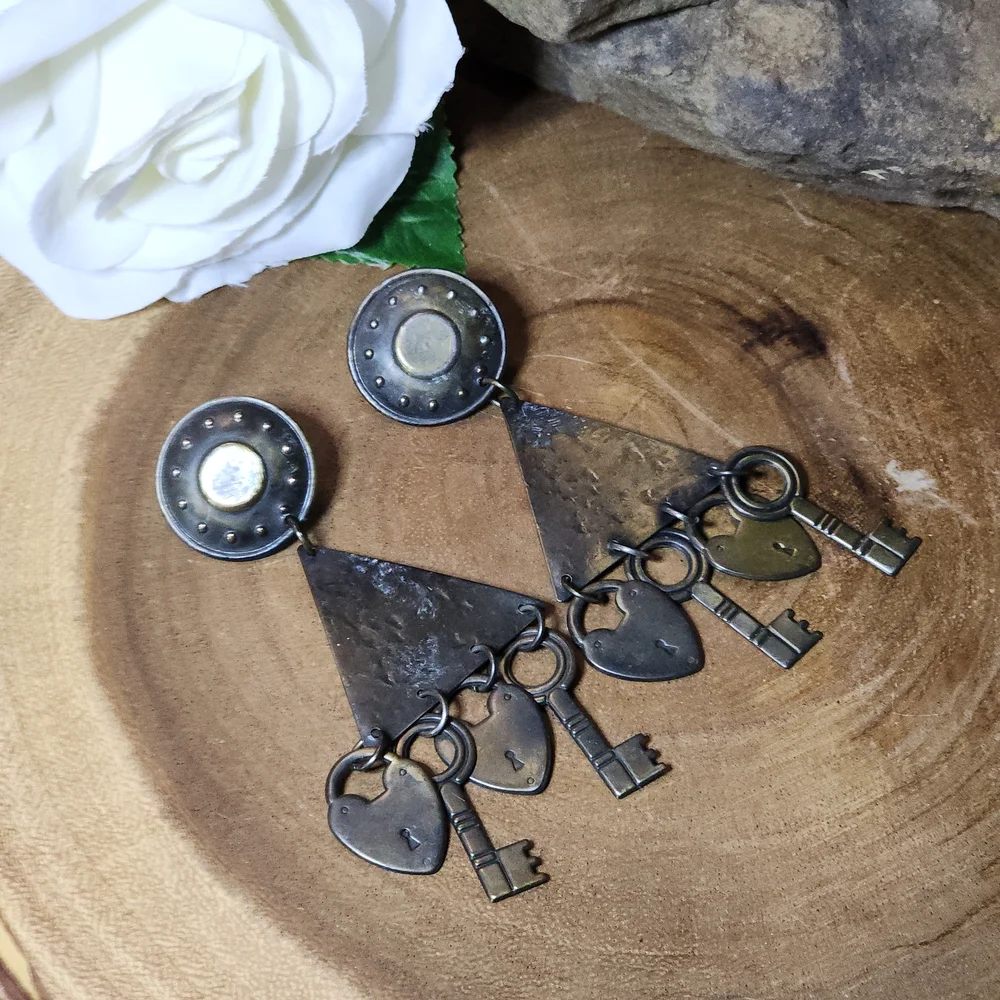 Antique Rustic Boho Silver Toned Metal Dangle Earrings with Keys and Hearts